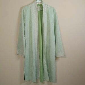 Anthropologie Solitaire Faux Suede Coat Green Embroidered Duster Women's Size L